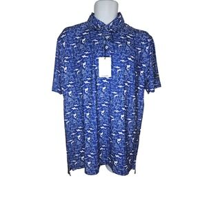 Project Birdie Shark Print Golf Polo Shirt Blue White‎ Short Sleeve Men's M